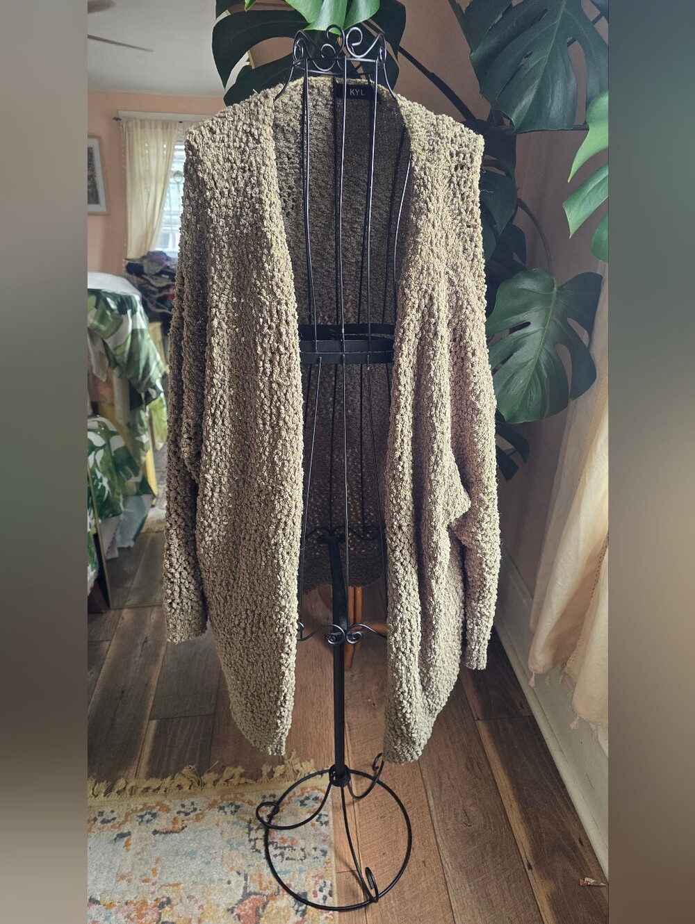 Boutique Olive Green Chunky Popcorn Knit Cocoon Cardigan Lantern Sleeve XL